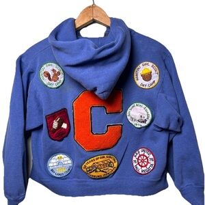 Vintage 70S Y Girls M/L Zip Up Hooded Sweatshirt With Patches Unique Letterman